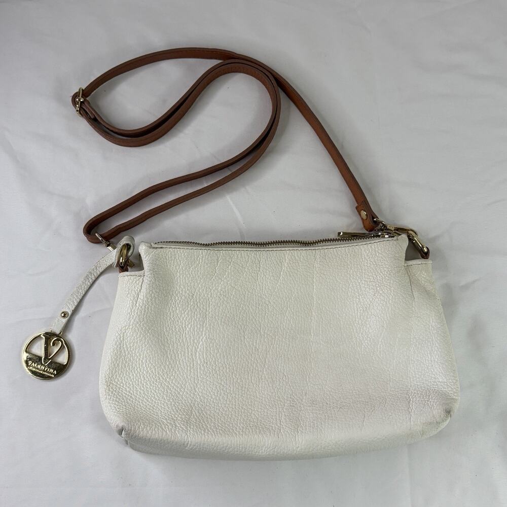 Valentina Shoulder Bag Pebble Leather White With Brown Strap, made in Italy